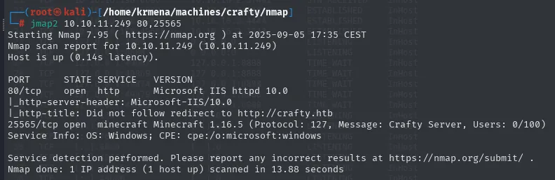 nmap -sCV identificando Microsoft IIS 10.0 en el 80 con redirección a crafty.htb y Minecraft 1.16.5 en el 25565