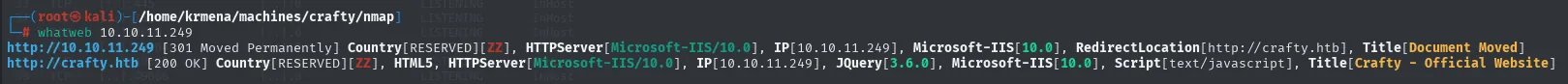 whatweb devolviendo el 301 de la IP hacia crafty.htb y, ya en el dominio, un 200 OK con Microsoft-IIS 10.0 y JQuery 3.6.0