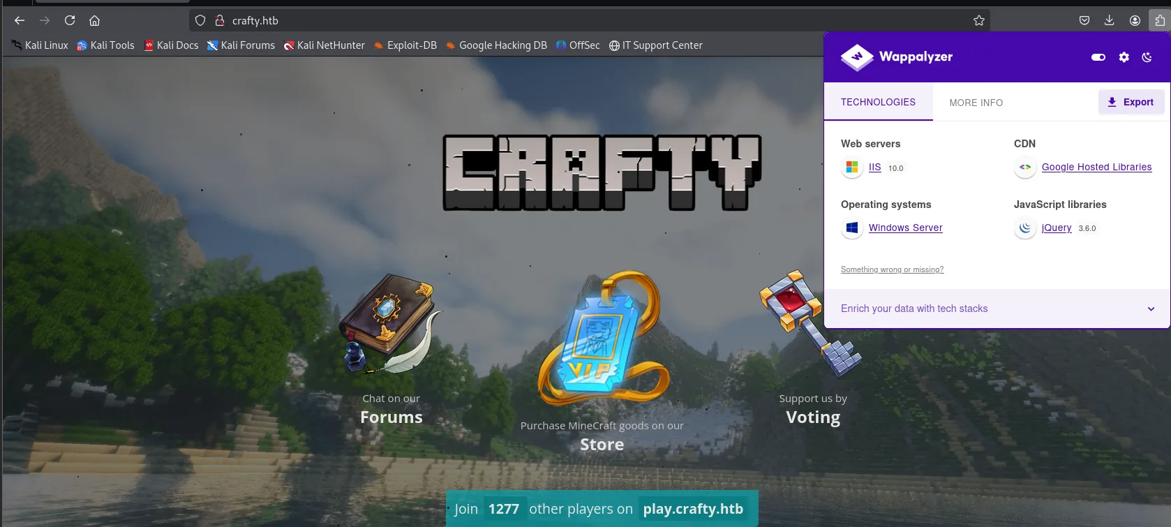 La portada de crafty.htb con el logo del servidor y tres accesos (Forums, Store, Voting); Wappalyzer detecta IIS 10.0, Windows Server, Google Hosted Libraries y jQuery 3.6.0
