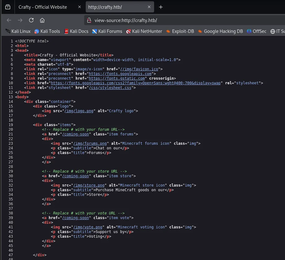 El código fuente de crafty.htb: HTML estático con comentarios "Replace # with your forum URL" y los tres enlaces apuntando a /coming-soon