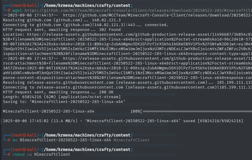 wget descargando los 62 MB del cliente, seguido del mv al nombre corto y el chmod +x