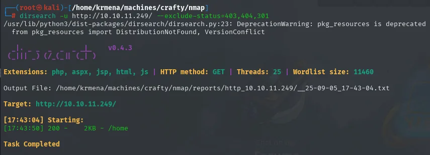 dirsearch terminando con un único resultado: /home con código 200 y 2KB