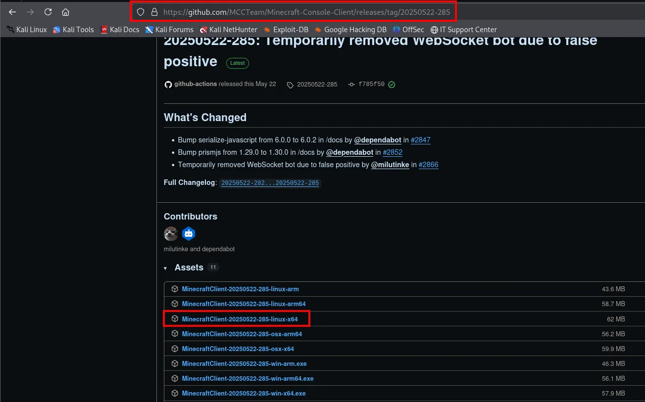 La página de releases de Minecraft-Console-Client en GitHub con los binarios para linux-arm, linux-arm64, linux-x64, osx y win