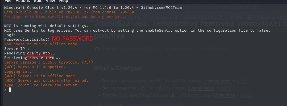 Minecraft Console Client conectado al servidor crafty.htb, listo para enviar mensajes por el chat