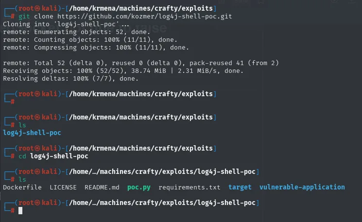 git clone descargando el repositorio y el ls mostrando Dockerfile, LICENSE, README.md, poc.py, requirements.txt, target y vulnerable-application