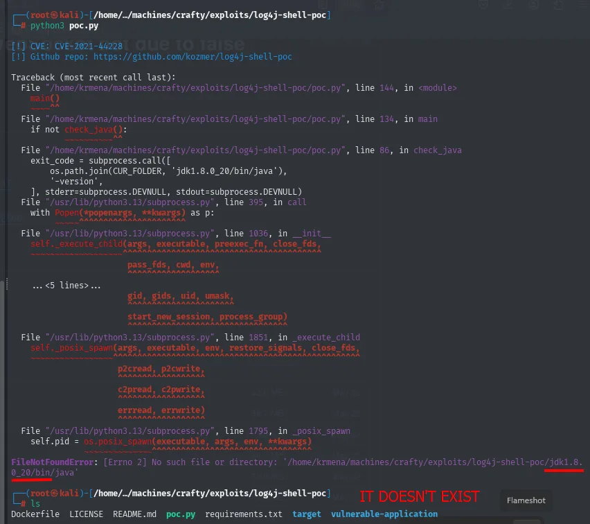 poc.py abortando con FileNotFoundError sobre log4j-shell-poc/jdk1.8.0_20/bin/java, y el ls confirmando que ese directorio no existe