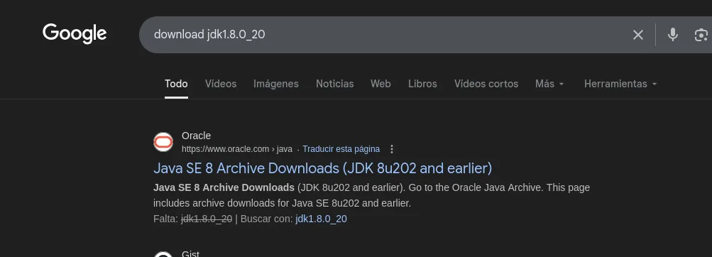 Búsqueda en Google de "download jdk1.8.0_20" devolviendo la página Java SE 8 Archive Downloads (JDK 8u202 and earlier) de Oracle