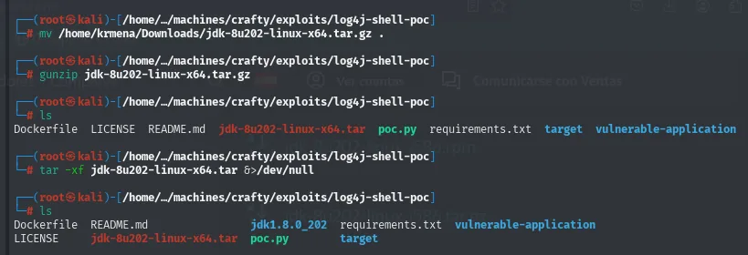 La secuencia mv, gunzip, tar -xf y el ls final mostrando el directorio jdk1.8.0_202 ya creado