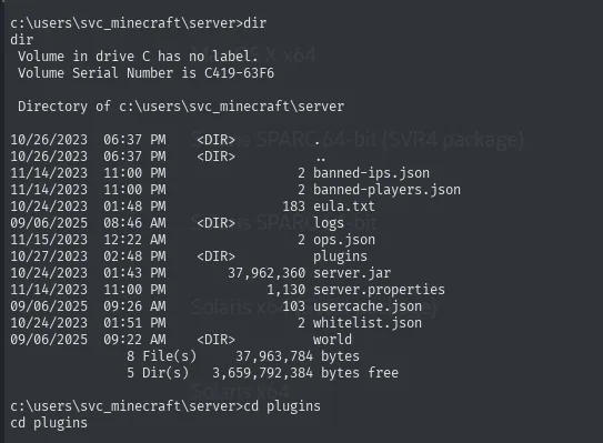 dir en c:\users\svc_minecraft\server listando server.jar de 37 MB, plugins, world, logs y los ficheros de configuración