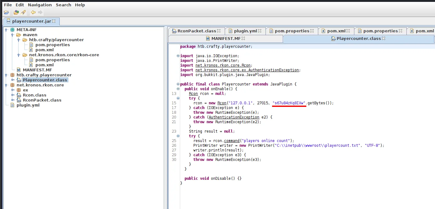JD-GUI descompila playercounter.jar y revela la contraseña del Administrator hardcodeada en el plugin RCON