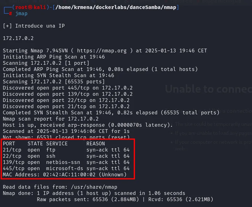 jmap escanea los 65535 puertos de 172.17.0.2 y encuentra 21, 22, 139 y 445, todos con ttl 64 y la MAC 02:42:AC:11:00:02