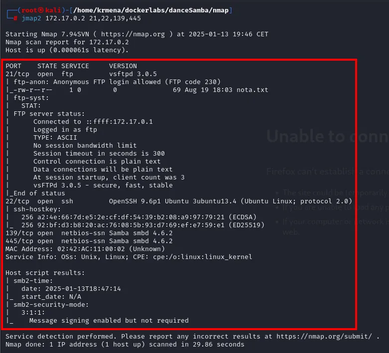jmap2 identifica vsftpd 3.0.5 con login anónimo y nota.txt, OpenSSH 9.6p1 y Samba smbd 4.6.2 en 139 y 445