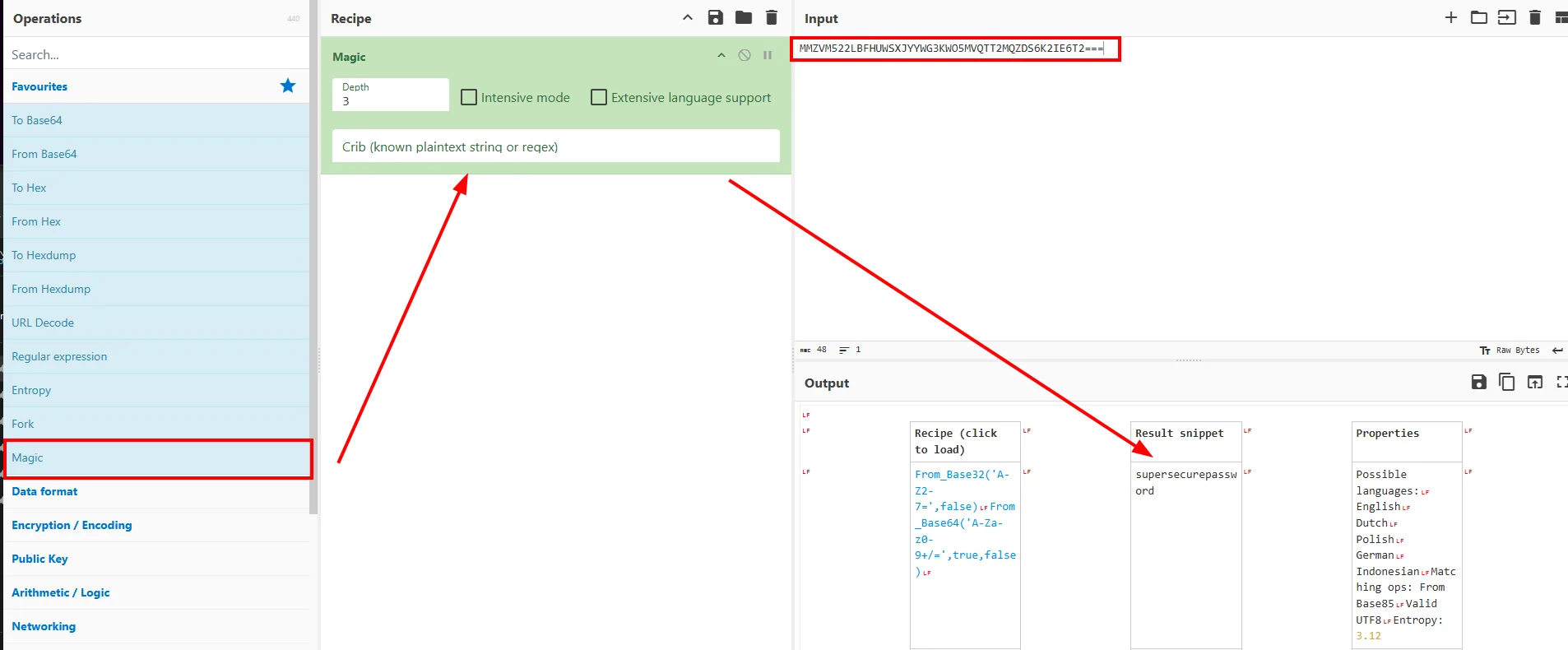 CyberChef con la operación Magic detecta From_Base32 seguido de From_Base64 y devuelve supersecurepassword