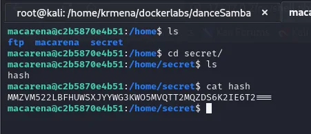 El directorio /home contiene ftp, macarena y secret; dentro de secret hay un fichero llamado hash