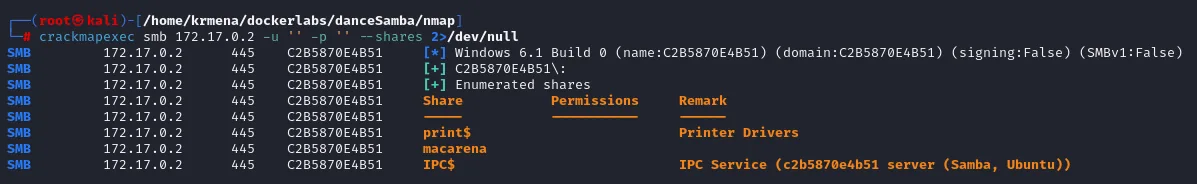 crackmapexec con sesión nula enumera los recursos print$, macarena e IPC$