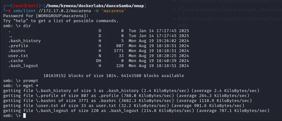 smbclient lista .bashrc, .profile y user.txt, y se lo descarga todo con mget