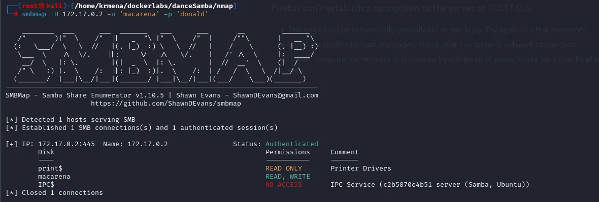 smbmap muestra el recurso macarena con permisos READ, WRITE