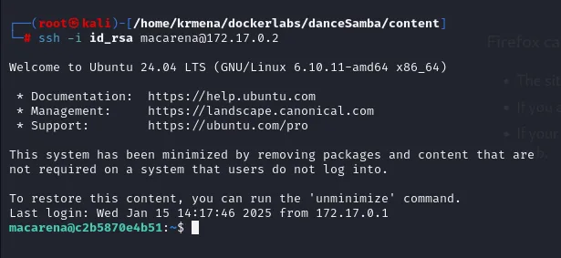 Login SSH correcto como macarena en Ubuntu 24.04 usando la clave privada