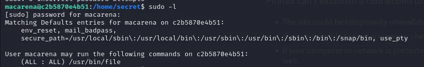 sudo -l acepta la contraseña y confirma que macarena puede ejecutar /usr/bin/file como cualquier usuario