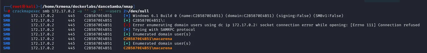 crackmapexec falla por LDAP, reintenta con SAMRPC y enumera al usuario macarena