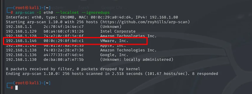 Salida de arp-scan con 8 hosts respondiendo; la línea de 192.168.1.146 con MAC 00:0c:29:8f:bd:c1 (VMware, Inc.) aparece recuadrada