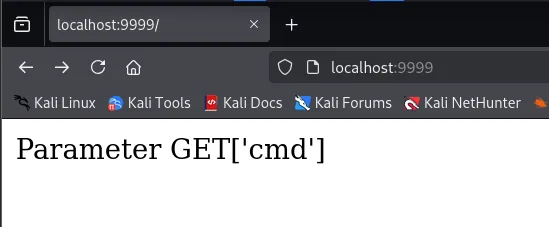 Navegador en localhost:9999 mostrando una página con el único texto "Parameter GET['cmd']"