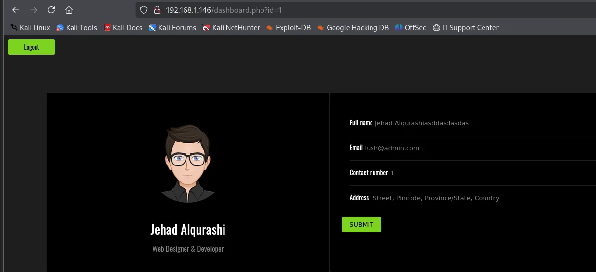 Panel dashboard.php?id=1 con el perfil de Jehad Alqurashi: Full name, Email lush@admin.com, Contact number 1 y Address