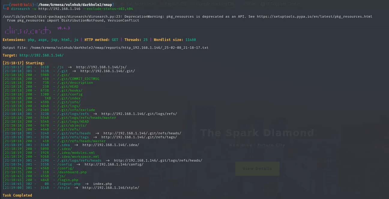 Salida de dirsearch: decenas de rutas bajo /.git/ (HEAD, config, index, logs, refs, objects), además de /.idea/, /config/, /dashboard.php, /login.php y /logout.php