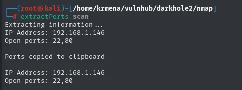 Salida de extractPorts sobre el fichero scan: IP Address 192.168.1.146 y Open ports 22,80, copiados al portapapeles