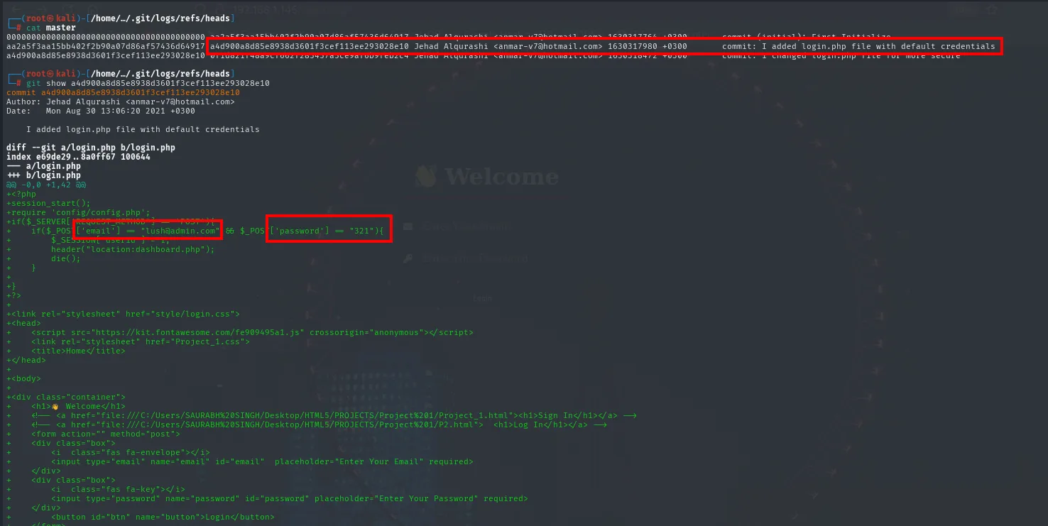 Salida de git show del commit que añade login.php: el diff muestra la comprobación con email lush@admin.com y password 321, ambos recuadrados