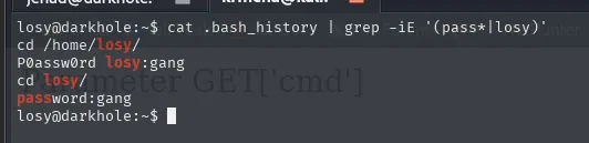 Salida del grep sobre .bash_history de losy: cuatro líneas, entre ellas P0assw0rd losy:gang y password:gang