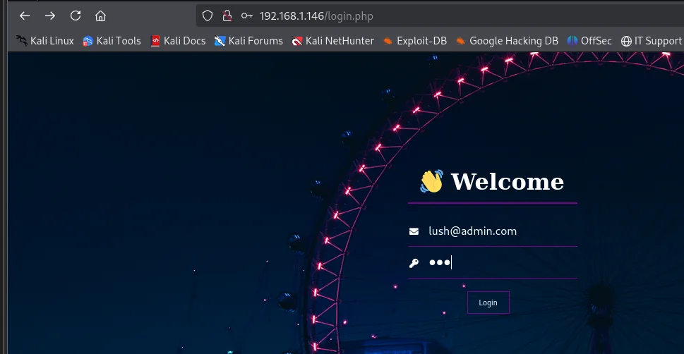 Formulario de login de DarkHole V2 con el email lush@admin.com escrito y la contraseña de tres caracteres tapada