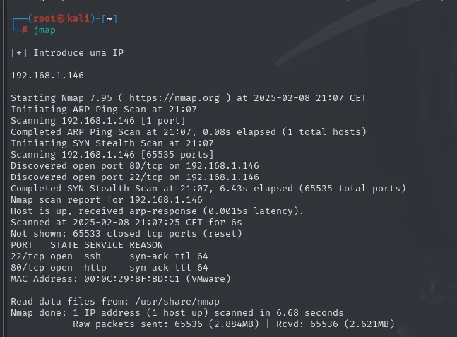 Salida de jmap: nmap descubre los puertos 80 y 22 abiertos en 192.168.1.146, ambos con syn-ack ttl 64