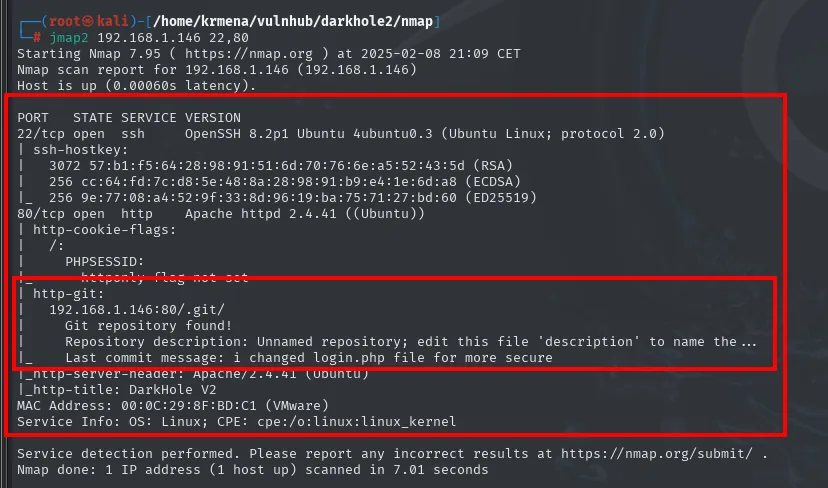 Salida de nmap -sCV: OpenSSH 8.2p1 Ubuntu, Apache 2.4.41 y el script http-git avisando de un repositorio Git encontrado, con el último mensaje de commit