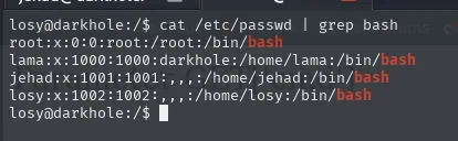 Salida de cat /etc/passwd | grep bash: root, lama con uid 1000, jehad con 1001 y losy con 1002
