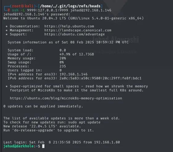 Conexión SSH con -L 9999:127.0.0.1:9999 establecida: banner de Ubuntu y prompt jehad@darkhole