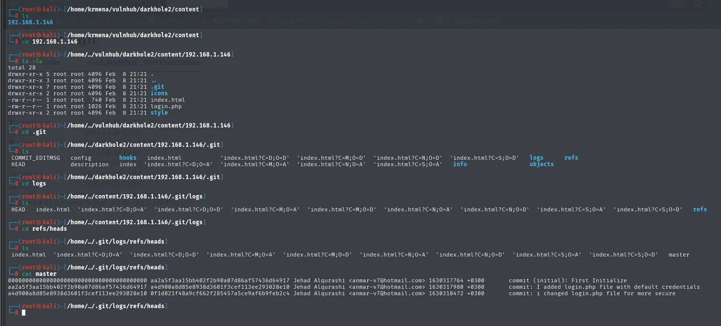 Salida de cat master mostrando tres entradas del reflog: First Initialize, I added login.php file with default credentials, y i changed login.php file for more secure