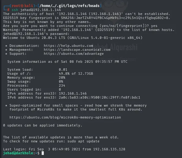 Login SSH como jehad: aceptación de la huella ED25519 y banner de Ubuntu 20.04.3 LTS con el prompt jehad@darkhole