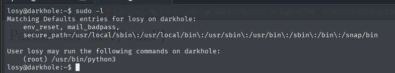 Salida de sudo -l como losy: Matching Defaults entries y User losy may run the following commands: (root) /usr/bin/python3
